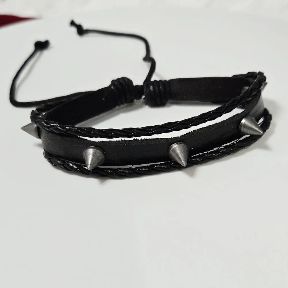 Men’s Punk Spiked Faux Leather Bracelet Adjustable Edgy Statement Layered Casual